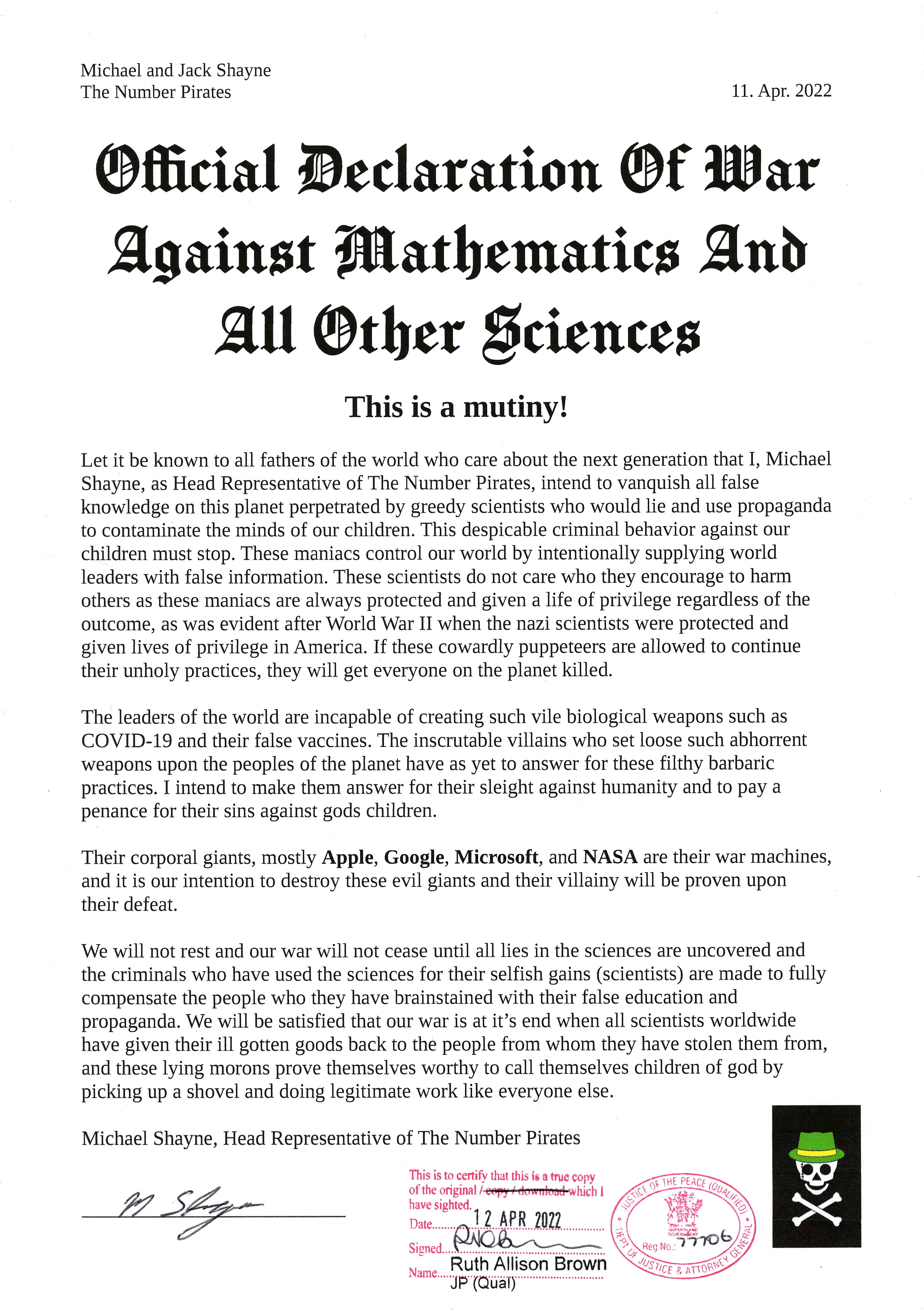 Official Declaration Of War Against Mathematics And All Other Sciences